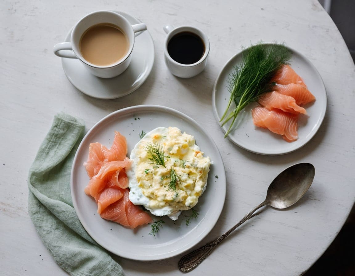 A small breakfast plate of soft scrambled eggs, smoked salmon, cucumber and yogurt