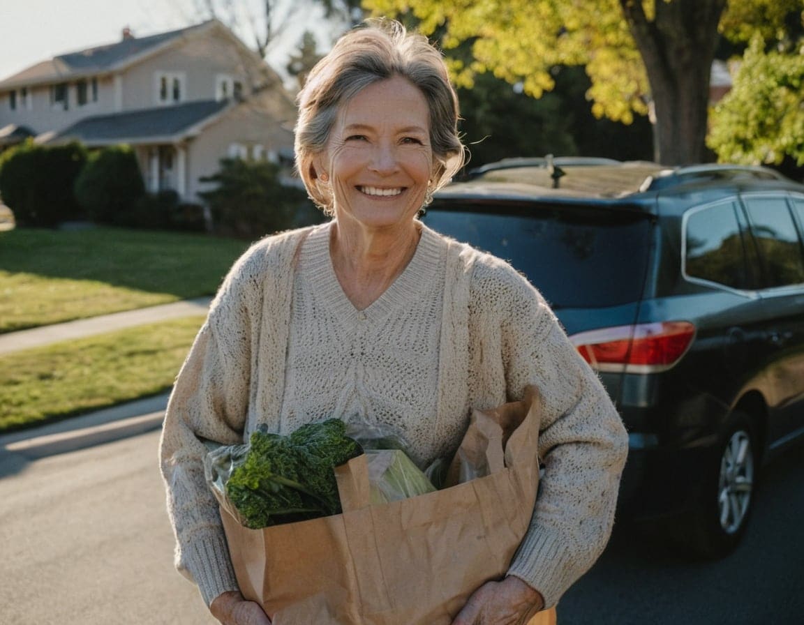 A woman around fifty lifting two full grocery bags from a car with ease